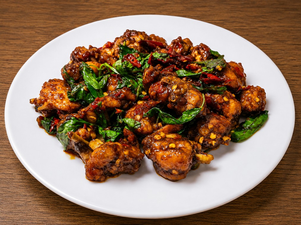 ไก่กรอบซอสพแนง (Crispy chicken with panang curry sauce)