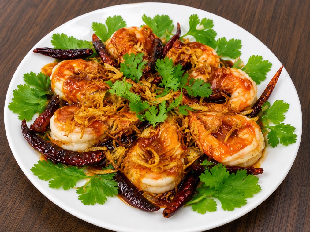 กุ้งราดซอสมะขาม (Prawns with tamarind sauce)