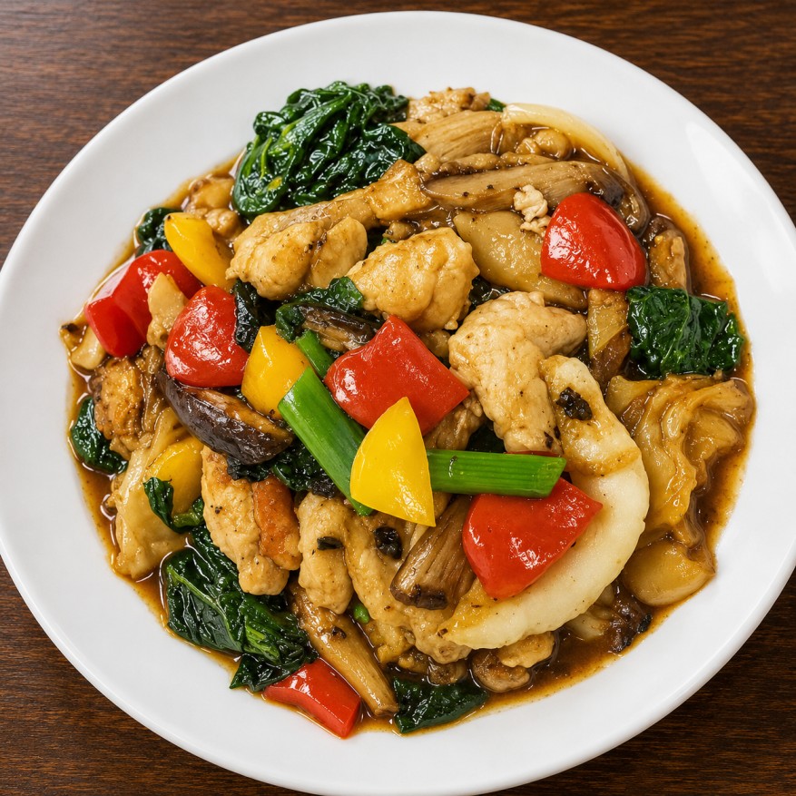 ไก่ผัดเม็ดมะม่วงผักรวม (Chicken stir-fried with cashew nuts and mixed vegetables)