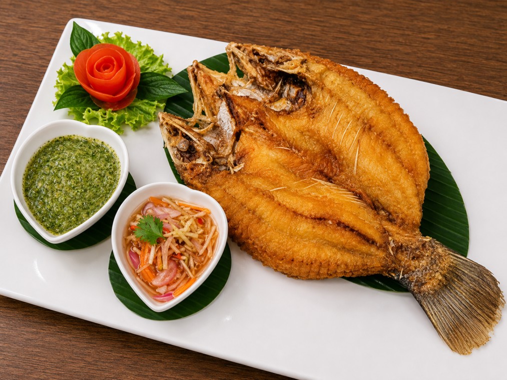 ปลากระพงทอดราดน้ำปลา (Fried sea bass with fish sauce)