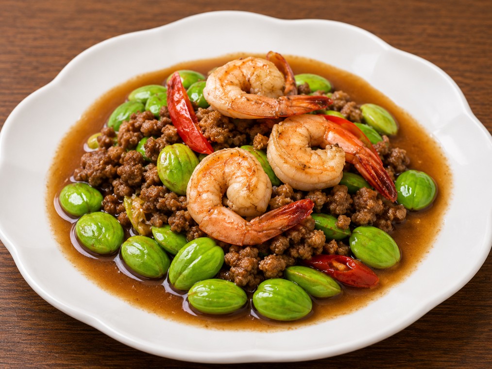 สะตอกุ้งกะปิหมูสับ (Stir-fried pork with stink beans, shrimp paste, and minced pork)