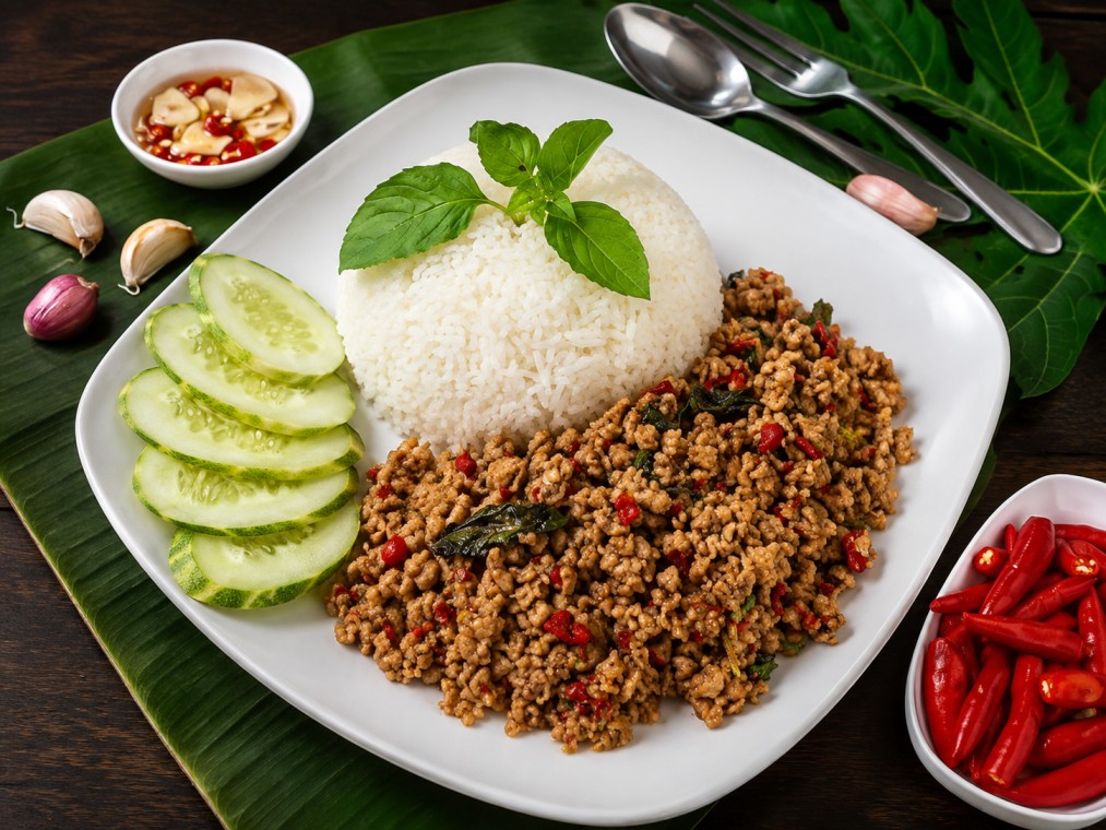 ข้าวราด ผัดกะเพราหมูสับ (Rice topped with minced pork and basil)