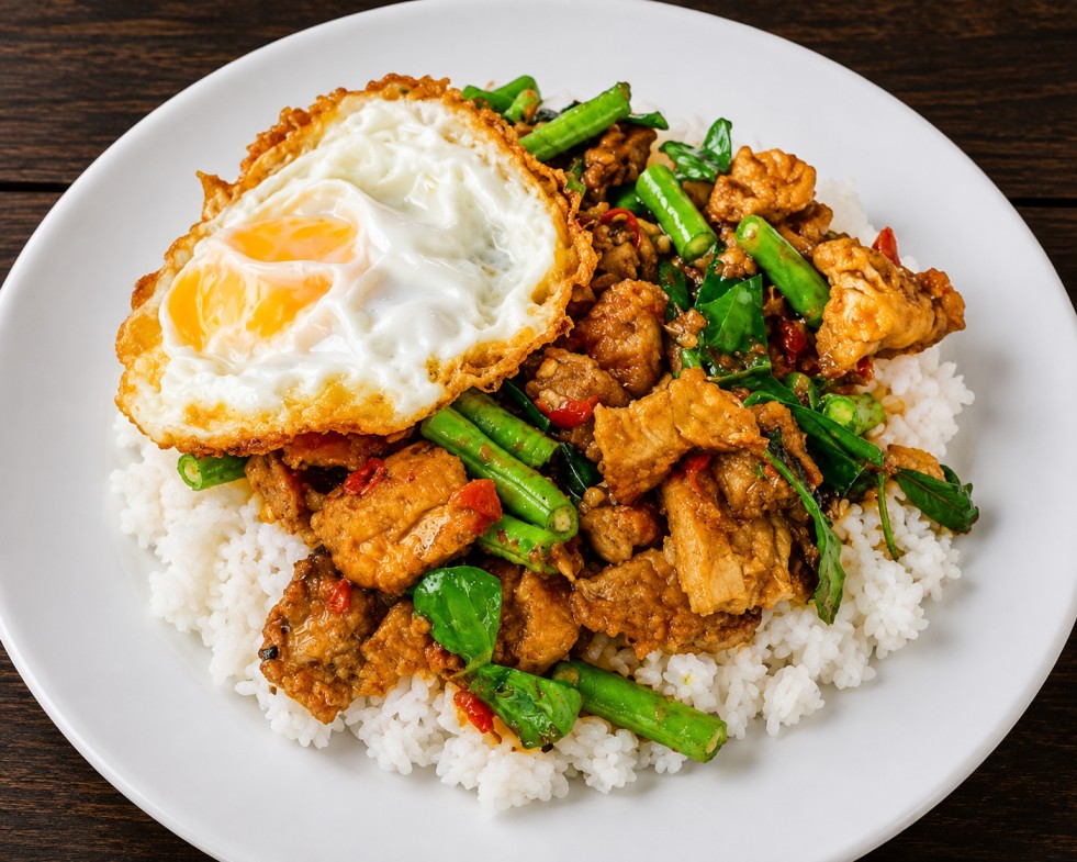 ข้าวราดผัดพริกแกงหมูกรอบไข่ดาว (Rice topped with stir-fried crispy pork with chili paste and a fried egg)