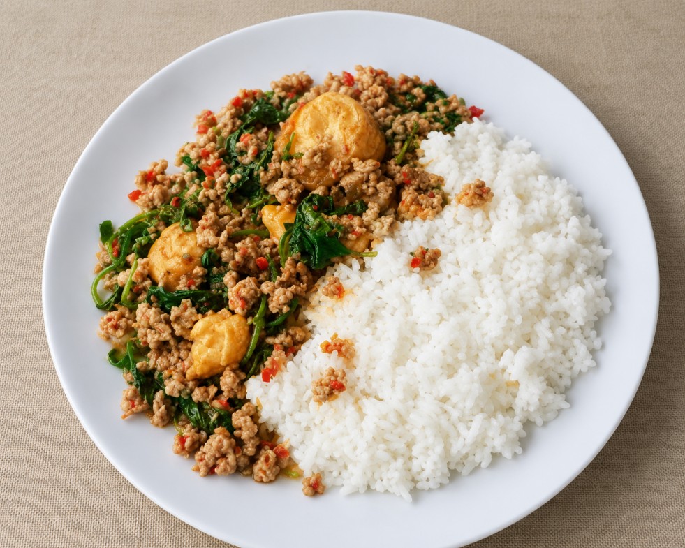 ข้าวราดกะเพราหมูสับกับไข่กระดุม (Rice topped with minced pork basil and button eggs)