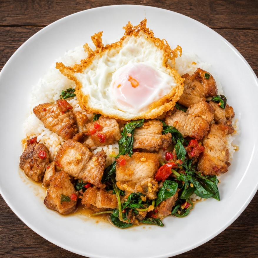 กะเพราหมูกรอบไข่ดาว (Rice with stir-fried crispy pork and basil, topped with a fried egg)