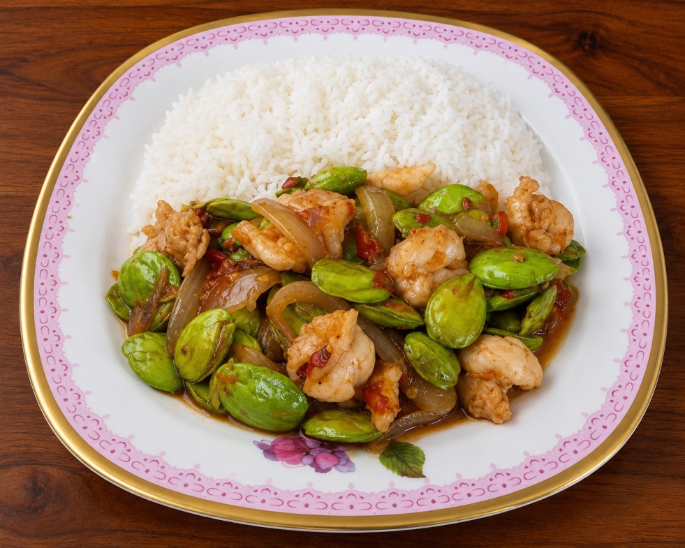 กุ้งผัดกะปิสะตอราดข้าว (Stir-fried shrimp with shrimp paste and bitter beans served over rice)