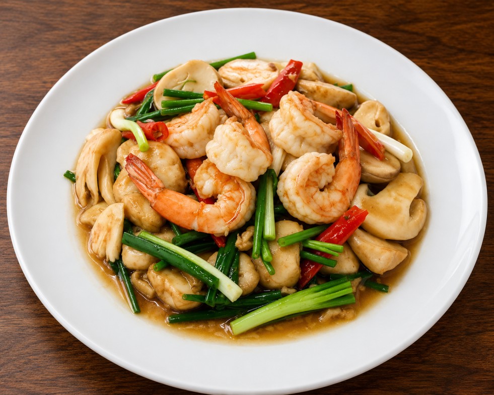 กุ้งผัดเห็ดฟางผัดน้ำมันหอย (Stir-fried shrimp with straw mushrooms and oyster sauce)