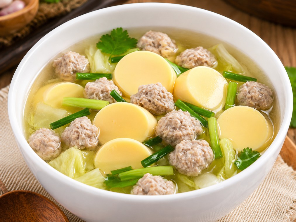 ต้มจืดเต้าหู้ไข่หมูสับ (Clear Soup with Minced Pork, Egg Tofu and Vegetables)