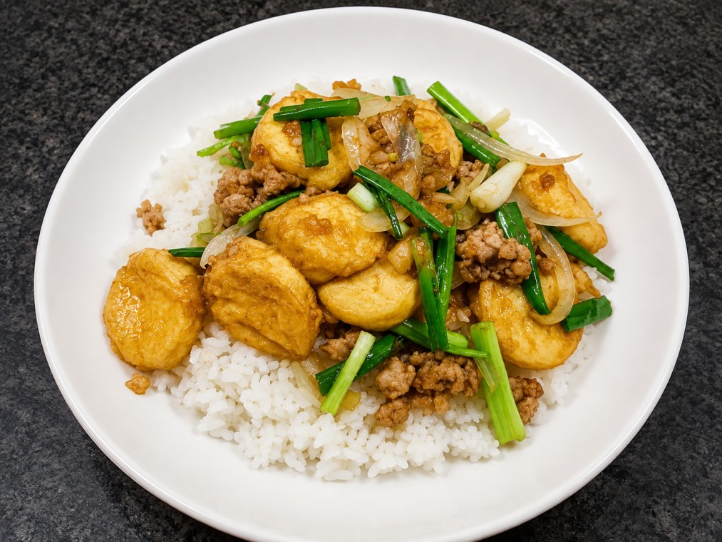 เต้าหู้ผัดหมูสับราดข้าว(Stir-Fried Tofu Minced Pork over Rice)