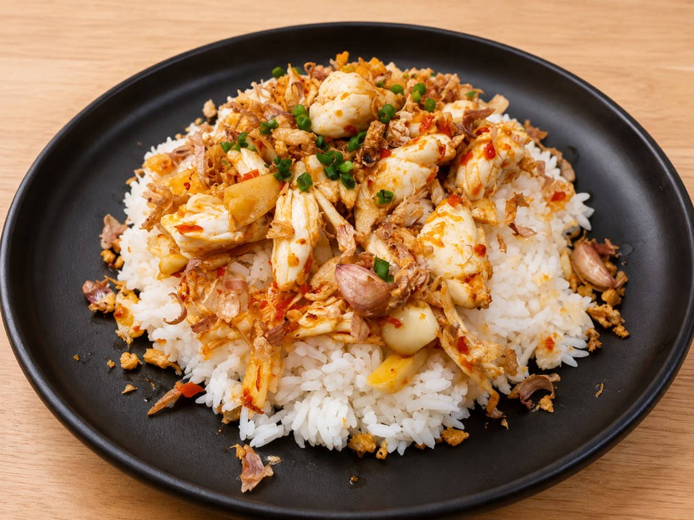 ข้าวราดผัดปูก้อนผัดพริกเกลือ (Rice topped with stir-fried crab meat in yellow chili peppers)