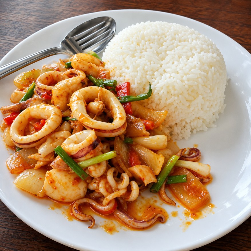 ข้าวราดปลาหมึกผัดน้ำพริกเผา (Rice topped with stir-fried squid in chili paste)