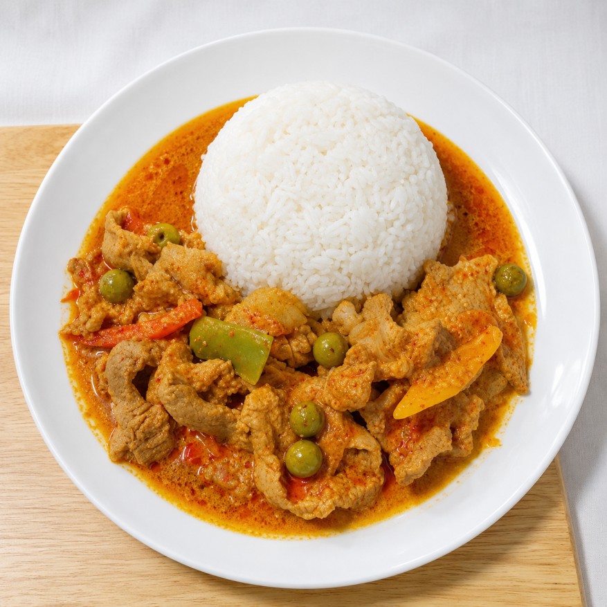 พะแนงหมูราดข้าว (Pork Panang Curry with Rice)