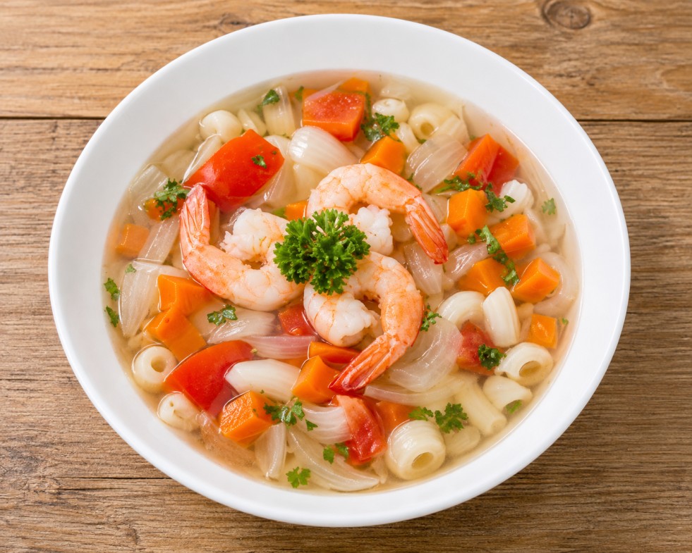 ชุปมักกะโรนีต้มกุ้ง (Macaroni Soup with Shrimp)