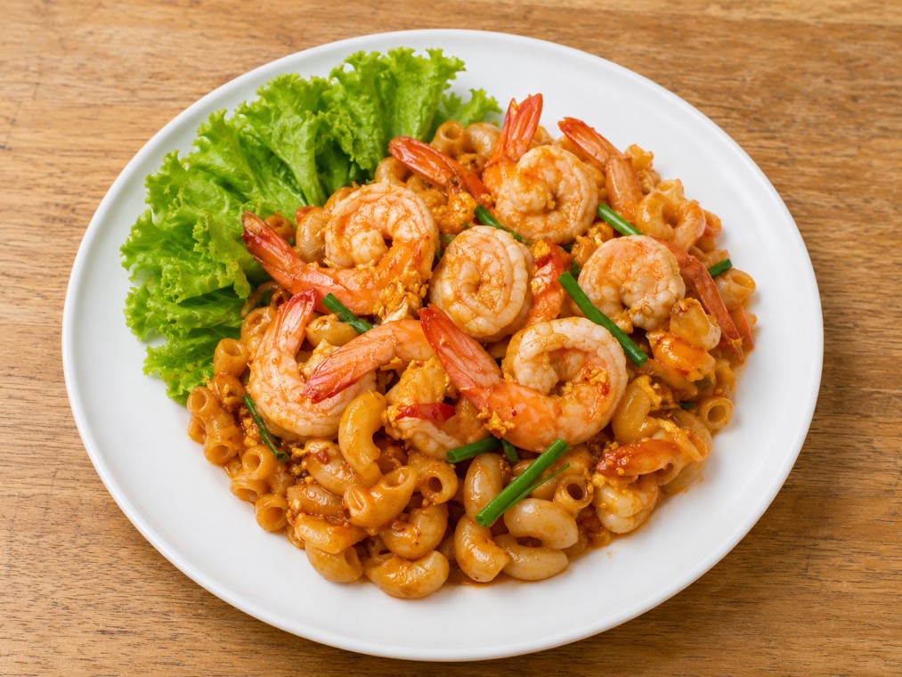 มักกะโรนีผัดกุ้ง (Stir-Fried Macaroni with Shrimp)