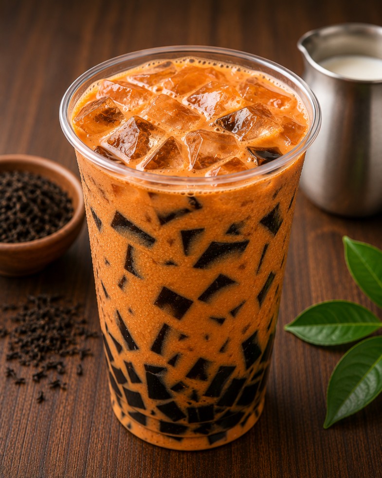 ชาไทยนมวุ้น (Thai Tea with Milk & Grass Jelly)